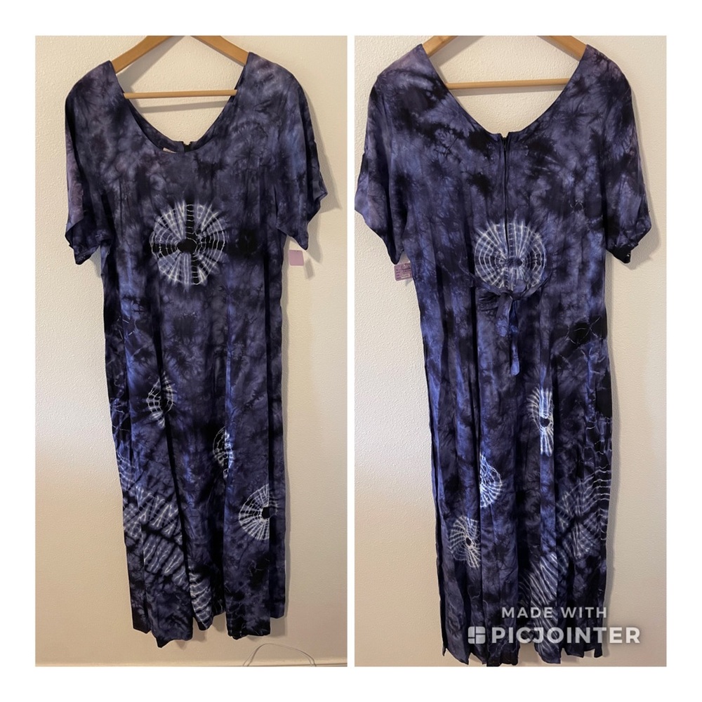 Eastwinds Shibori Tie Dye Maxi Dress Blue Resortwear A-Line Rayon-Large